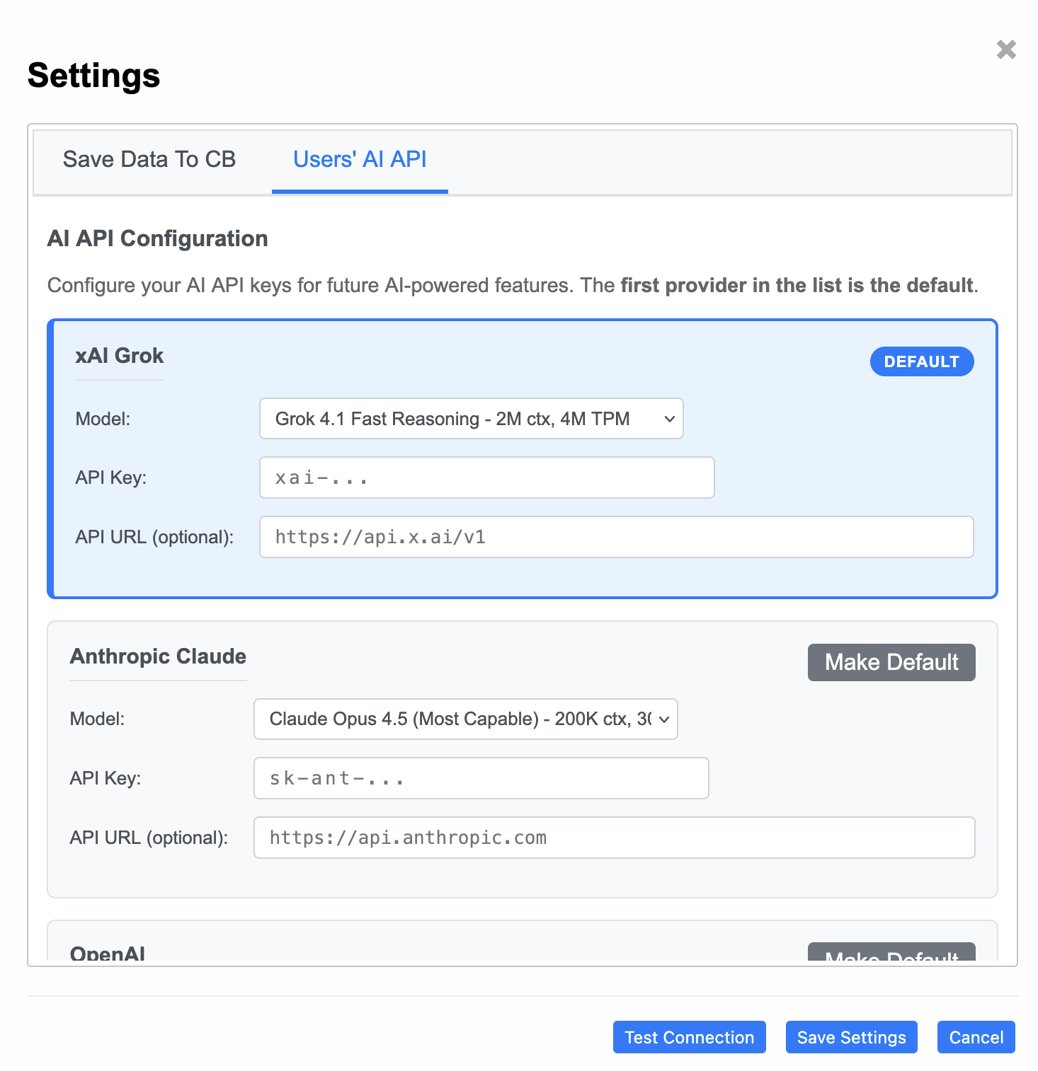AI API settings - click to enlarge